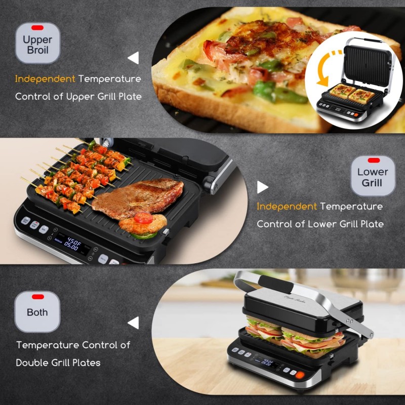 Taylor Swoden Sandwichera Panini Press 10 en 1, Parrilla Eléctrica Interior de 1600 W con Placas Antiadherentes de Doble Cara, Pantalla Táctil LED, Control de Temperatura Independiente, Abre 180 Grados, Acero Inoxidable