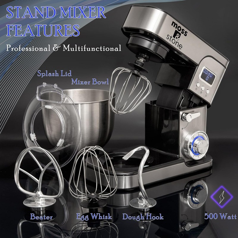 Batidora de pie para musgo y piedra con pantalla LCD, batidora eléctrica de 6 velocidades con tazón para mezclar de acero inoxidable de 5,5 cuartos, batidora de cocina con gancho para masa, batidor de huevos, batidor y espátula para hornear