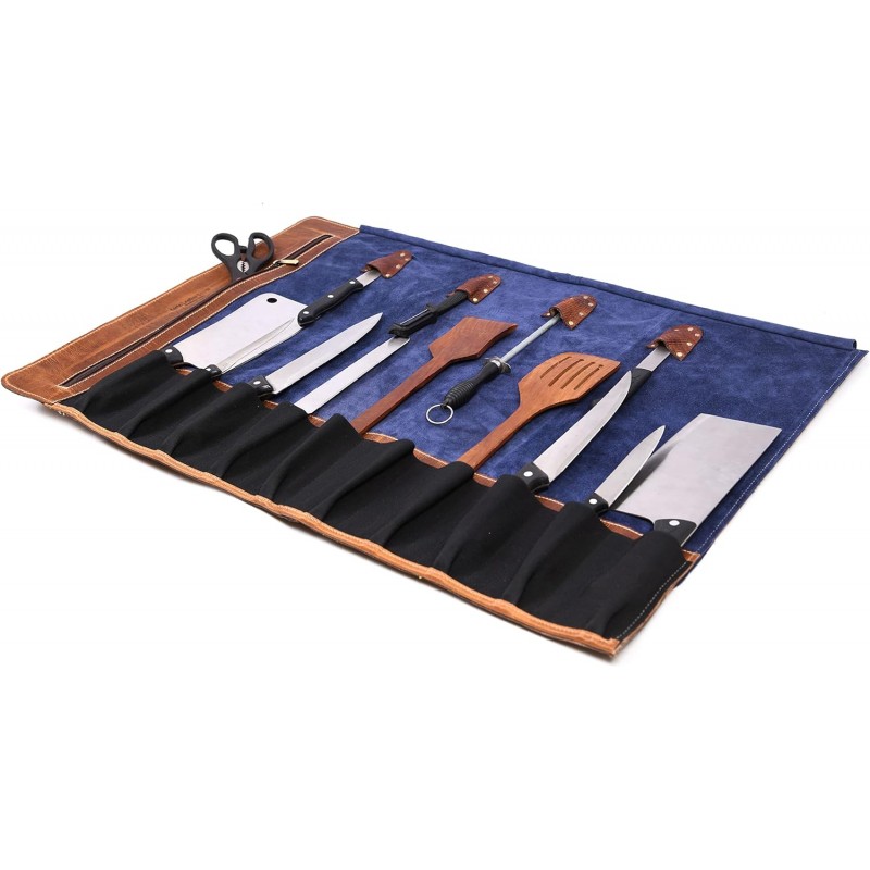 Bolsa de almacenamiento de cuero para cuchillos, 10 bolsillos elásticos y expandibles, correa de hombro ajustable/desmontable, estuche para cuchillos de chef apto para viajes de Aaron Leather Goods