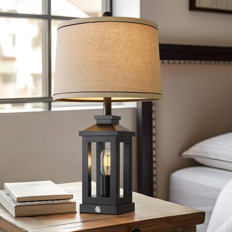 Lámpara de mesa retro de 23,75 pulgadas, color negro, para sala de estar, dormitorio, mesita de noche, juego de 2 luces nocturnas con control táctil, lámpara moderna vintage con puertos USB C+A y 2 fuentes de luz