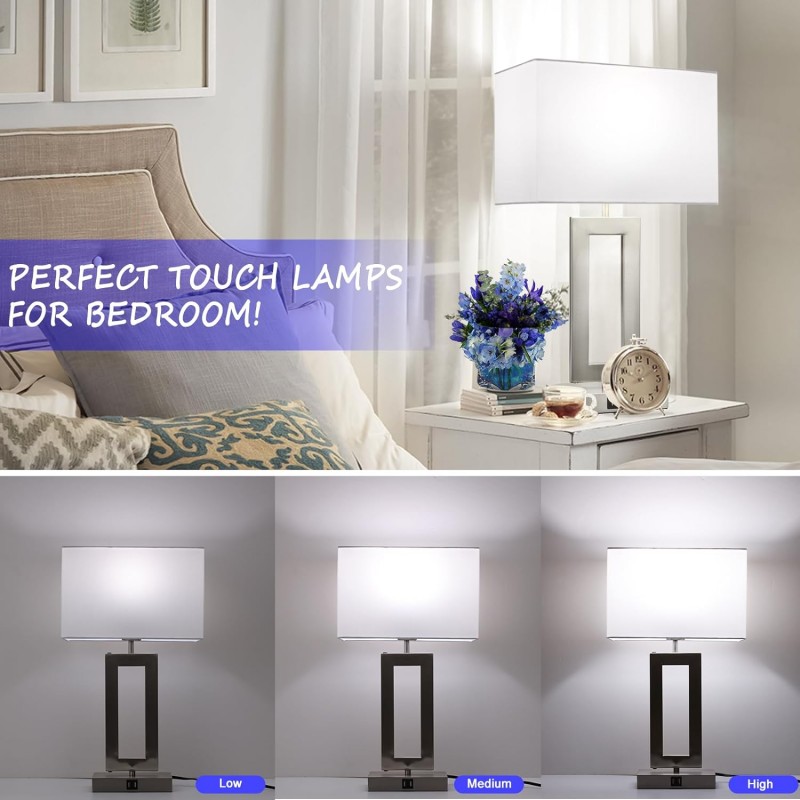 Juego de 2 lámparas de 22 pulgadas para dormitorios, lámparas de mesa con control táctil con 2 puertos USB, lámparas de mesita de noche regulables de 3 vías, lámpara blanca y de níquel cepillado para mesa auxiliar, sala de estar moderna y contemporánea