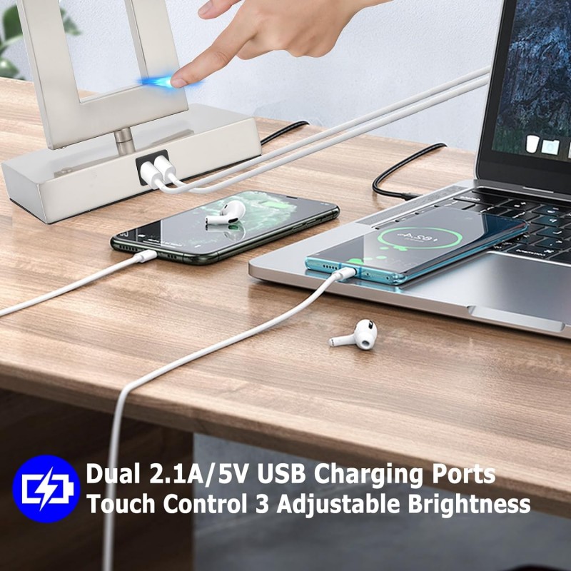 Juego de 2 lámparas de 22 pulgadas para dormitorios, lámparas de mesa con control táctil con 2 puertos USB, lámparas de mesita de noche regulables de 3 vías, lámpara blanca y de níquel cepillado para mesa auxiliar, sala de estar moderna y contemporánea